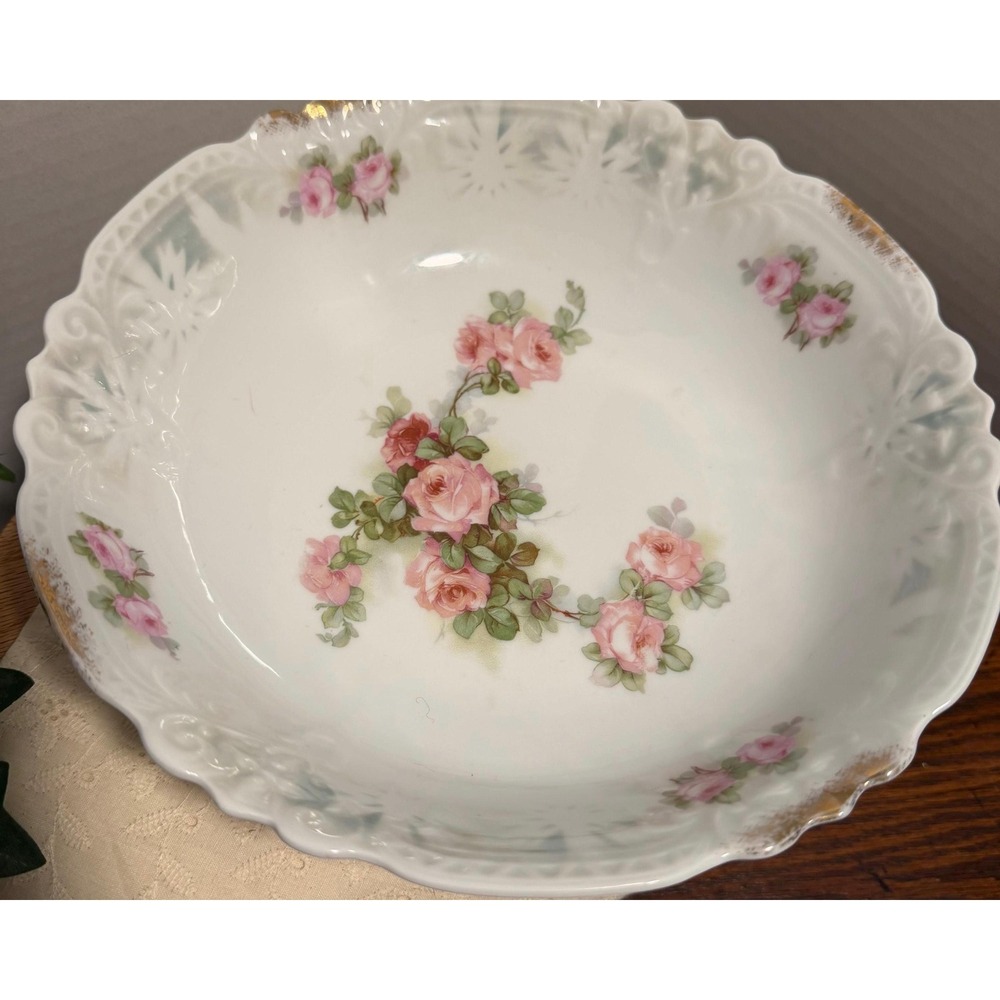 Antique Carlsbad Austria Porcelain Pink Rose Floral Bowl